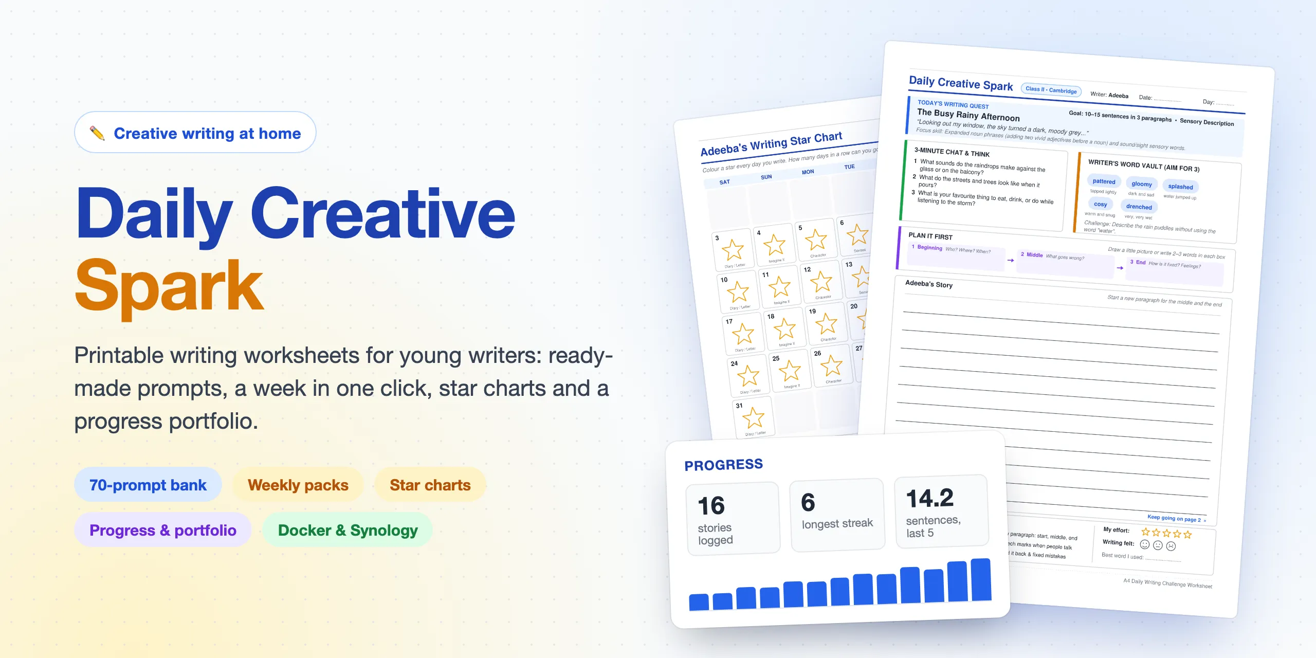 A Daily Creative Spark worksheet and monthly writing star chart beside a progress panel showing stories logged, longest streak and sentences per story