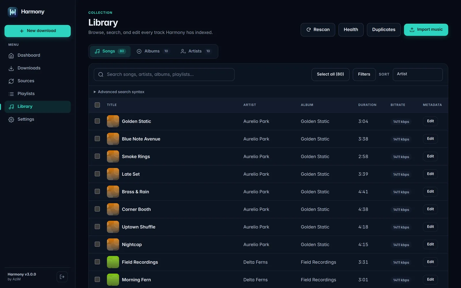 Library songs table with artwork, artist, album, duration and bitrate