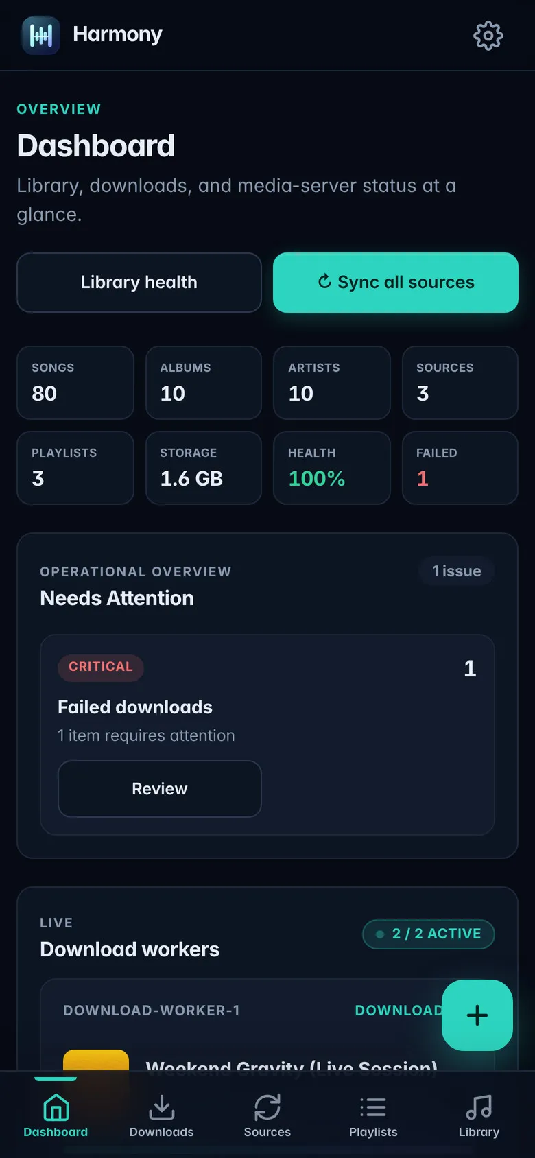 Mobile dashboard with a compact metric grid and bottom navigation