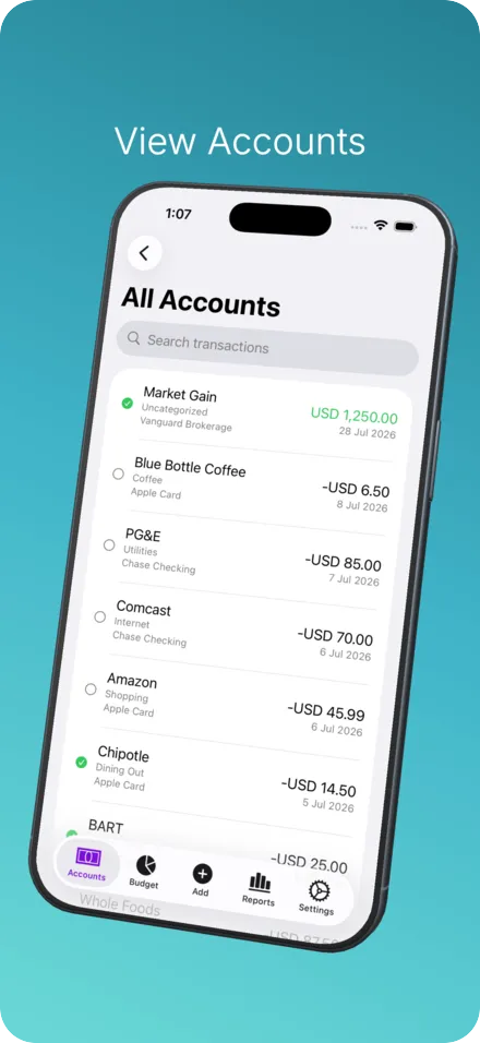 All Accounts view with a searchable transaction list