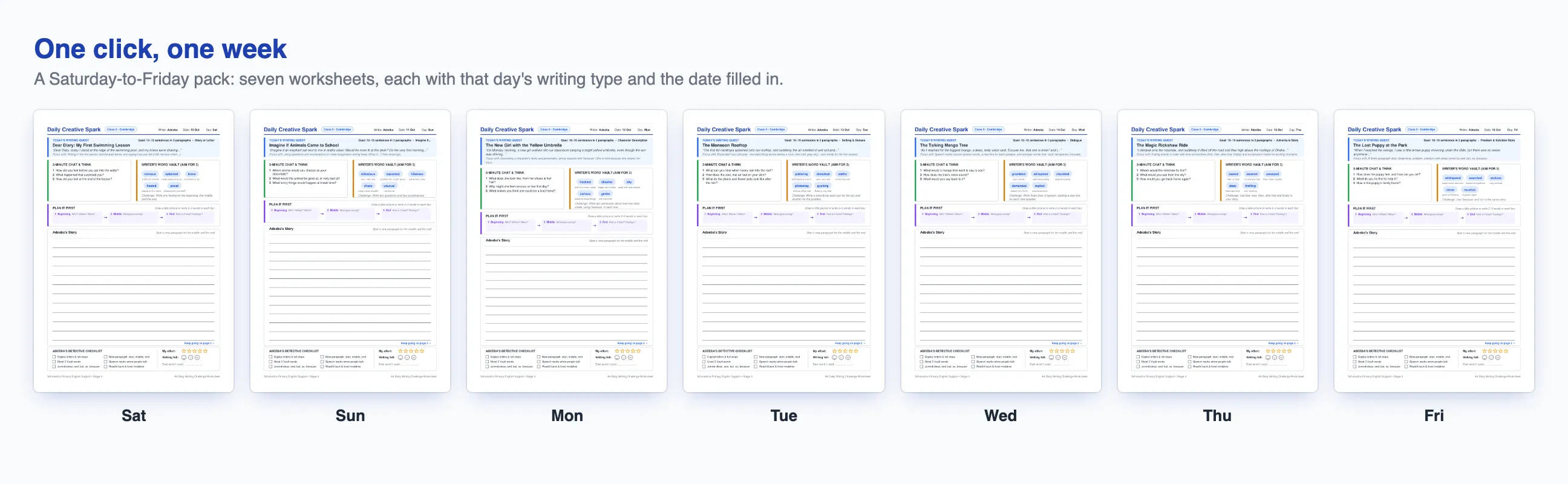Page 1 of each of the seven worksheets in a Saturday-to-Friday weekly pack