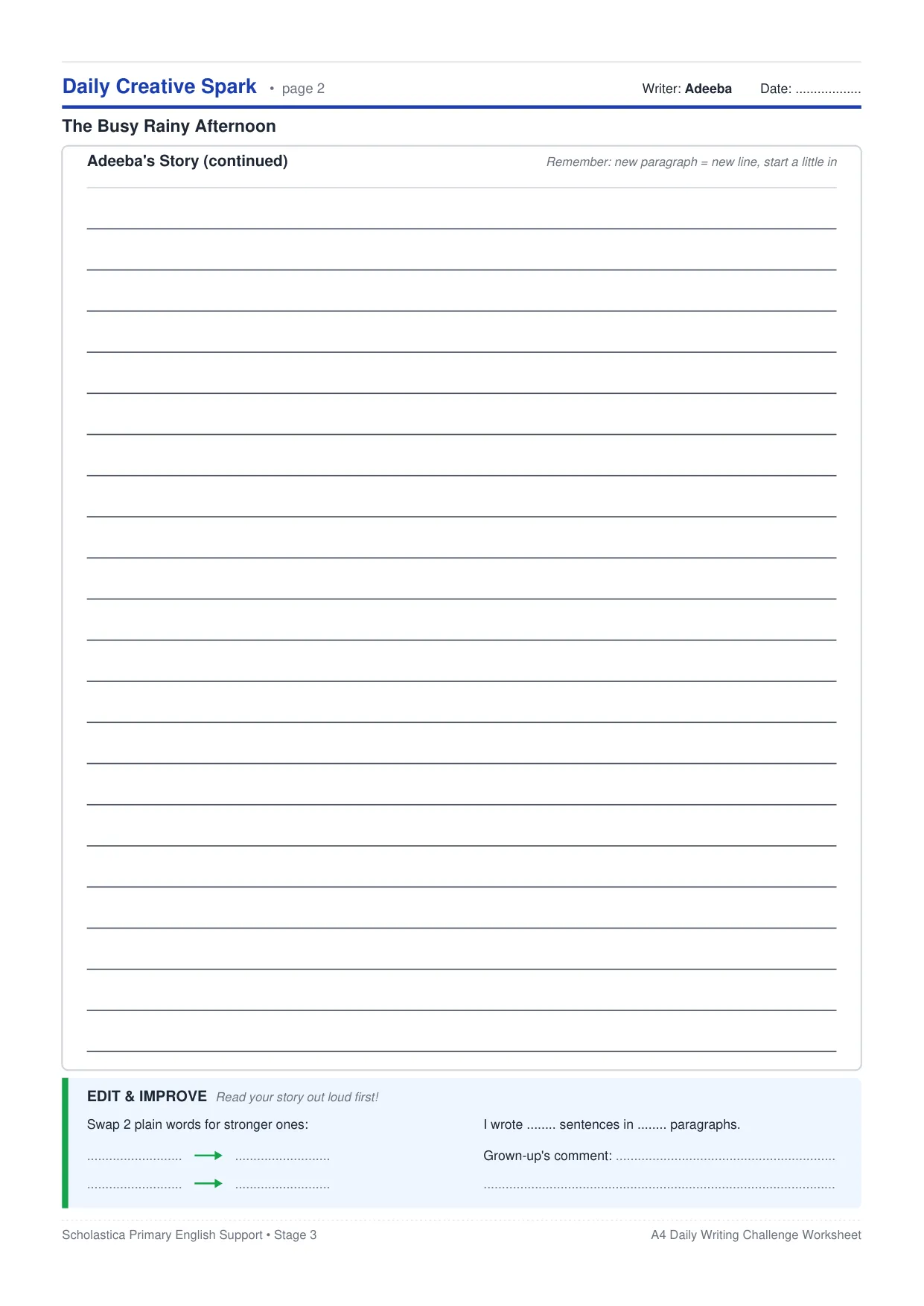 Worksheet page 2 with more writing lines and an Edit and improve box