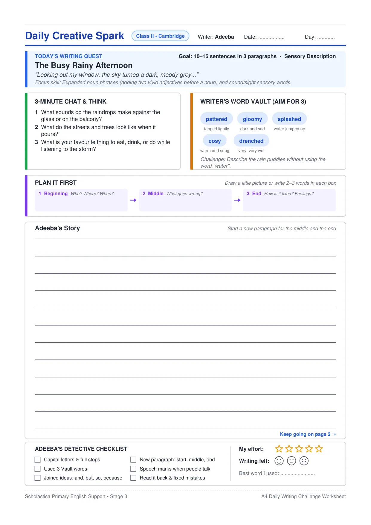 Worksheet page 1: The Busy Rainy Afternoon