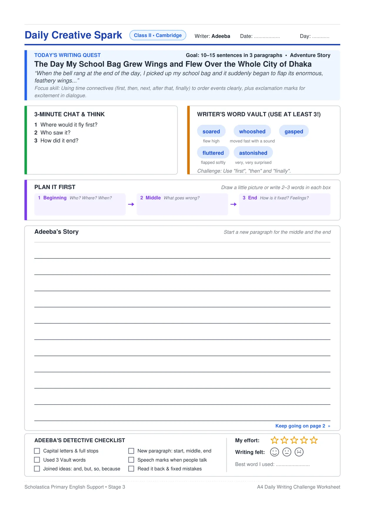 Worksheet page 1 with a long topic and story starter